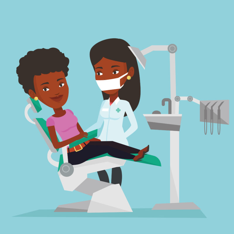 Dental examination and consultation : Image showing happy African patient and friendly African female dentist