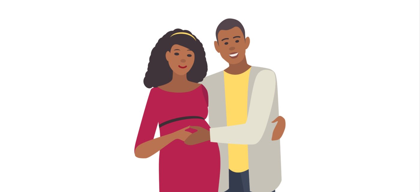 ANTENATAL DENTAL VISITS : An illustration of a smiling couple, man embracing his pregnant wife.