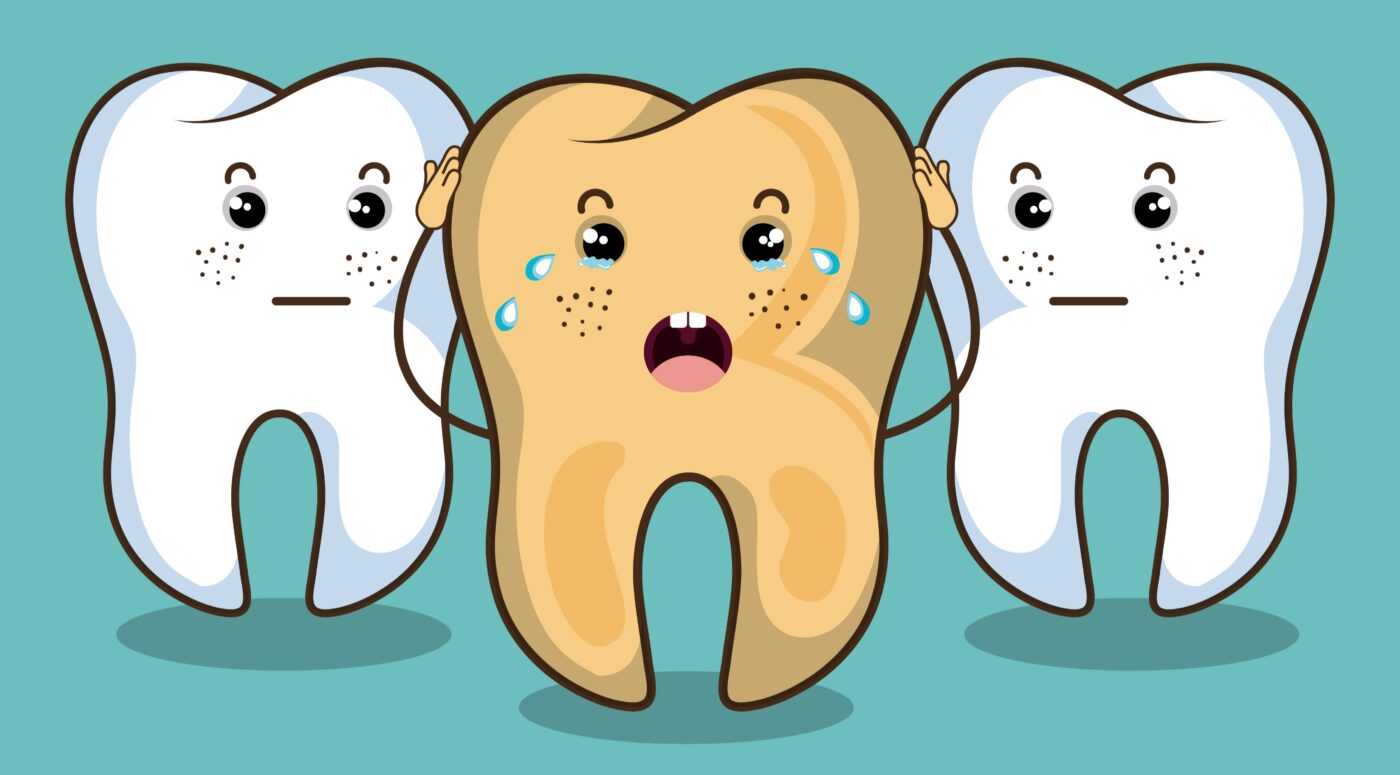 Yellow teeth : Image showing a crying yellow tooth and two white teeth by the sides